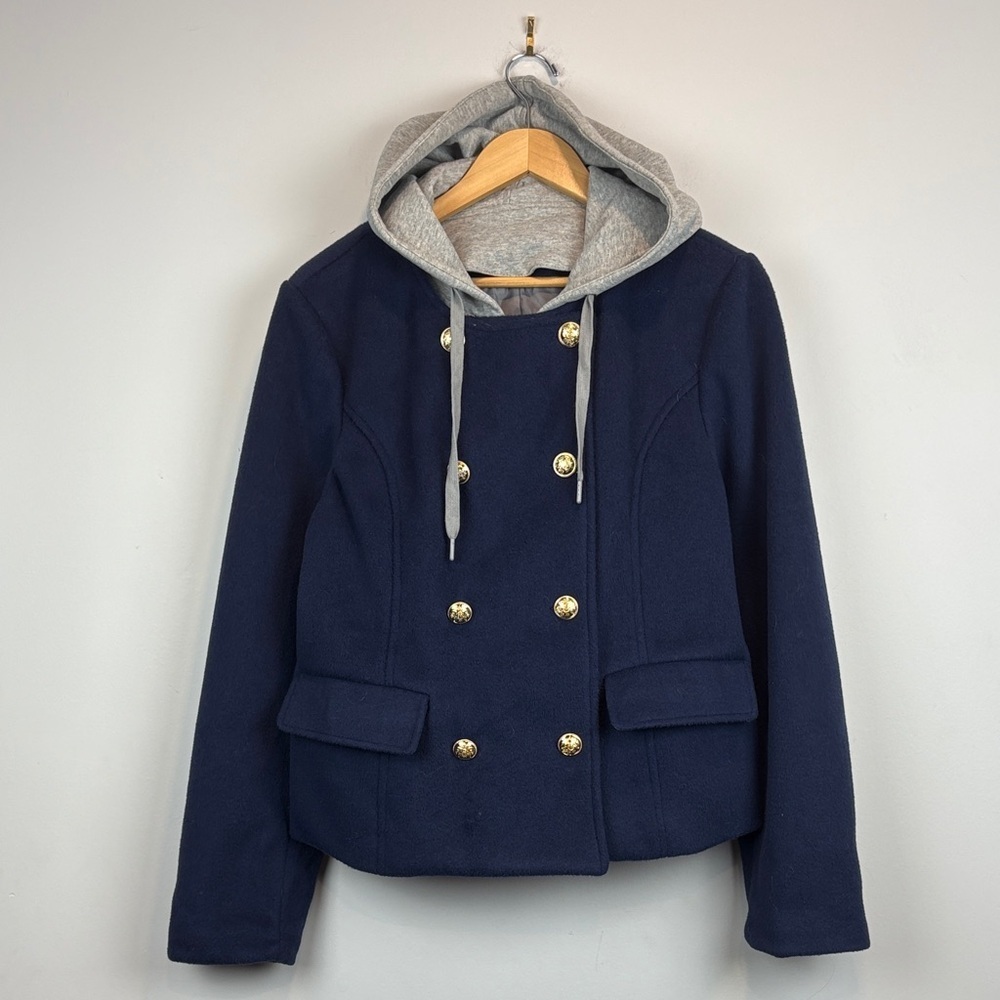 Maeve by Anthropologie Navy Twofer Peacoat with Removable Gray Hoodie insert